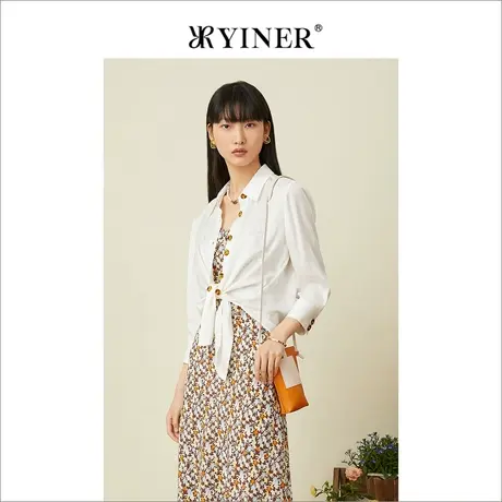YINER音儿专柜女装2022夏季新款质感金属扣缎面醋酸衬衫商品大图