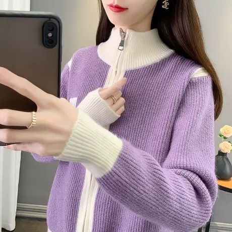 22135韩版宽松拉链纯色翻领针织毛衣百搭上衣打底开衫打底外套商品大图