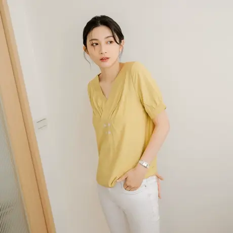 桔熊夏季通勤ol风V领凉爽气质纯色露锁骨上衣女大码AB15090商品大图