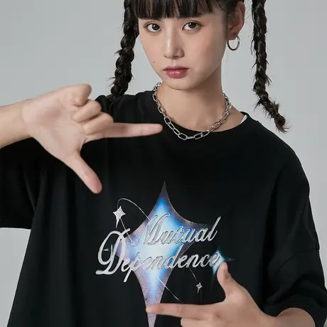 omont蛋挞家复古星星印花纯棉T恤女夏季设计感小众宽松酷女孩上衣商品大图