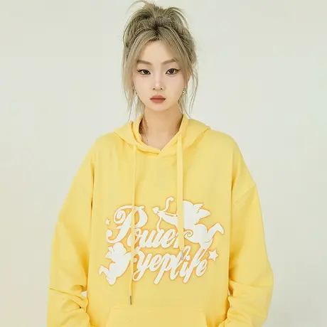 YEP嫩黄色发泡印花连帽卫衣女2023新款春秋季ins韩系复古慵懒风潮商品大图