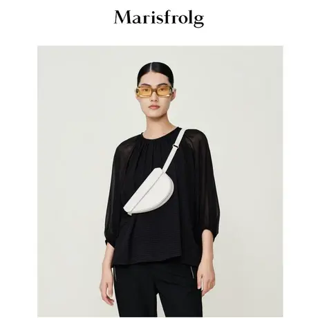 【桑蚕丝】玛丝菲尔22夏季新款百搭七分袖高级感法式气质黑色T恤商品大图