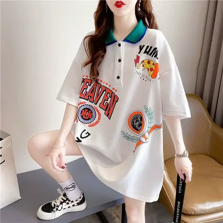 翻领polo衫短袖t恤女夏季韩版宽松大码女装中长款半袖百搭上衣服图片