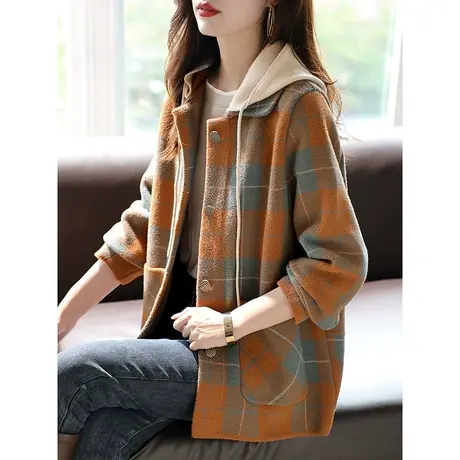 宝诗黎连帽格子拼接中长款外套口袋上衣2023新款时尚气质韩版女装图片