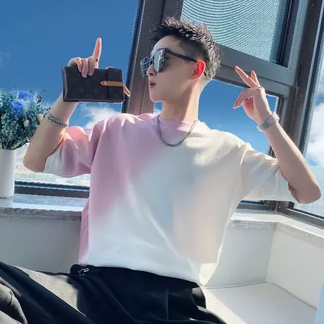 渐变色T恤夏季短袖潮牌半袖2023新款男个性上衣痞帅夏装ins半截袖商品大图