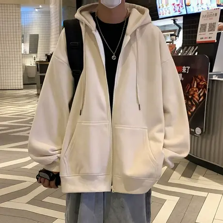 重磅连帽宽松卫衣男春秋季新款美式潮牌休闲拉链开衫男装外套纯色商品大图