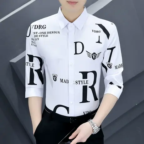 短袖潮牌印花高端衬衫男夏季七分袖2022新款韩版潮流帅气中袖衬衣商品大图