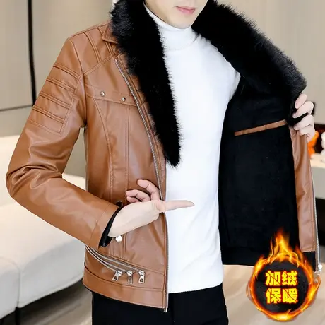 潮牌机车服外套男士冬季帅气短款免洗皮衣防风保暖带毛领PU皮夹克商品大图