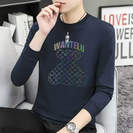 重磅纯棉长袖t恤男2023新款秋季潮流小熊全棉内搭打底衫宽松秋衣商品大图