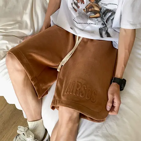麂皮绒钢印休闲短裤男夏季新款宽松直筒美式复古运动五分裤阔腿潮商品大图