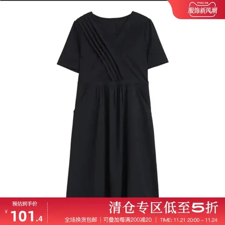 木棉林V领短袖纯色连衣裙宽松遮肚显瘦简约大气飘逸优雅显气质裙商品大图