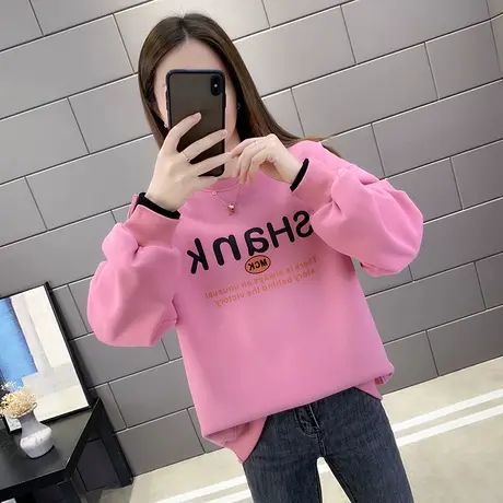 今年流行2021年新款女装女士假两件加绒卫衣女圆领加厚上衣秋冬潮图片