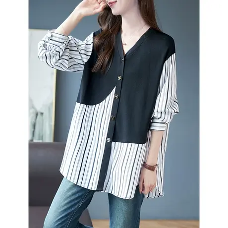 宝诗黎V领针织拼接中长条纹衬衫长袖宽松设计感春季上衣2024新款商品大图