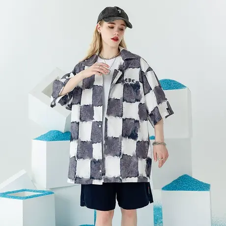 棋盘格短袖衬衫女设计感小众潮牌夏季薄款宽松衬衣复古港味外套图片