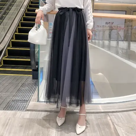 春秋新款显瘦两色拼接仙女蓬蓬裙中长款网纱半身裙a字9916hh图片