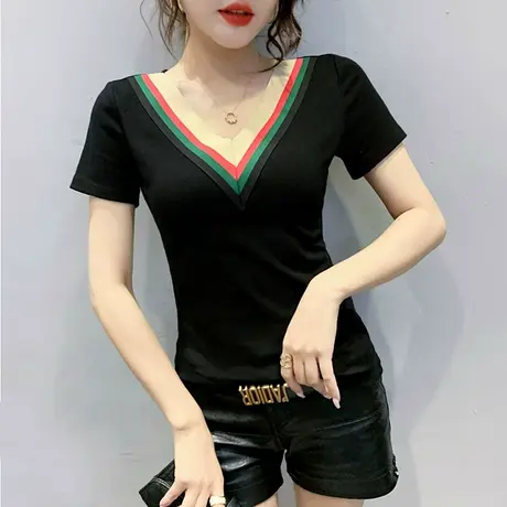 女装2023新款潮时尚V领T恤女短袖夏洋气撞色上衣修身显瘦半袖体恤商品大图
