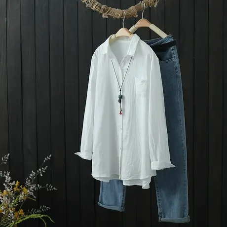 棉纱白色衬衫女士2022年春季新款复古文艺宽松长袖纯色衬衣打底衫图片