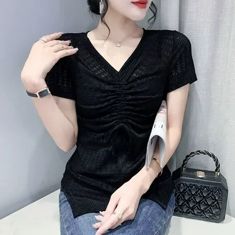 性感V领蕾丝上衣女2024夏装新款时尚褶皱抽绳小衫紧身洋气T恤短袖图片