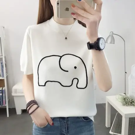 圆领小象冰丝针织短袖2023春秋新款短款设计感洋气薄款内搭t恤女商品大图