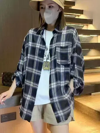设计感小众长袖衬衫女夏宽松薄款时尚百搭复古格子别致防晒上衣潮商品大图