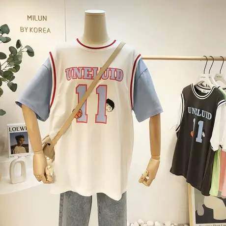 ins元气少女T恤2021夏季韩国东大门原宿风港味休闲短袖篮球字母潮商品大图