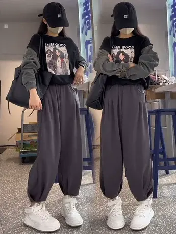 2023秋宽松牛仔袖拼接假两件卫衣休闲卫裤两件套印花短款上衣套装商品大图