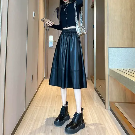 黑色pu皮半身裙女秋冬2023新款高腰a字显瘦大裙摆垂感中长款伞裙图片