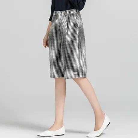 黑白格子五分裤女夏宽松2024新款夏季高腰短裤休闲六分裤阔腿中裤商品大图