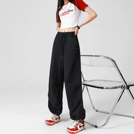 黑色工装阔腿裤女夏季薄款高腰宽松显瘦束脚小众休闲小个子速干裤图片
