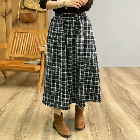 dza 高腰显瘦加厚呢料半身裙子女士秋冬外穿毛呢A字裙宽松格子裙图片