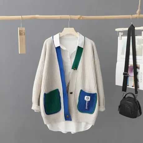 2024年新款宽松撞色长袖针织开衫女宽松大码外套毛衣休闲女装上衣图片