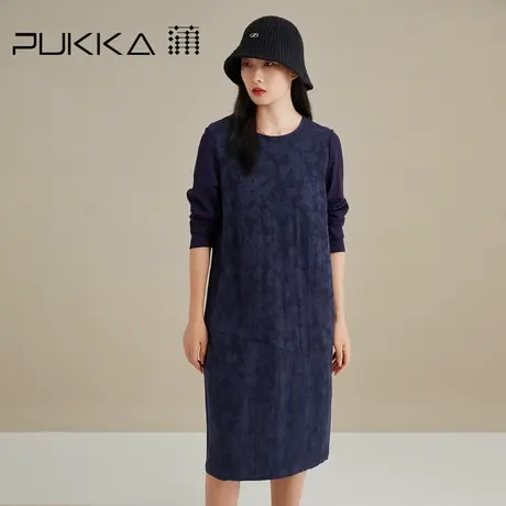 蒲PUKKA 专柜同款提花棉麻连衣裙春秋装宽松拼接圆领长袖休闲裙图片