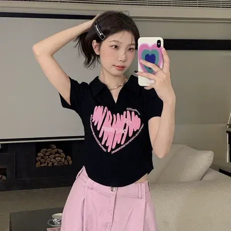 黑色polo领短款正肩短袖t恤女夏季2024新款设计感小众小个子上衣商品大图