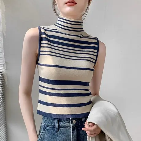 条纹高领针织无袖背心女春秋修身显瘦短款叠穿坎肩内搭打底衫图片