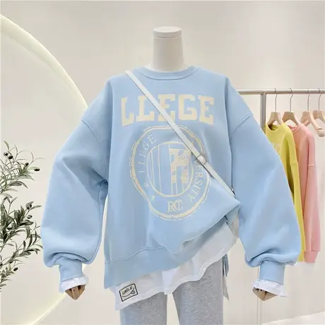 卫衣女加绒加厚2022秋冬新款韩版宽松大码慵懒风拼接假两件上衣潮商品大图