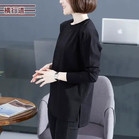 横行道2024春季新款黑色圆领打底衫宽松中长款长袖t恤女休闲上衣商品大图