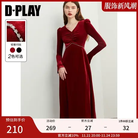 DPLAYDPLAYV领抽褶钻链装饰丝绒礼服连衣裙敬酒服图片