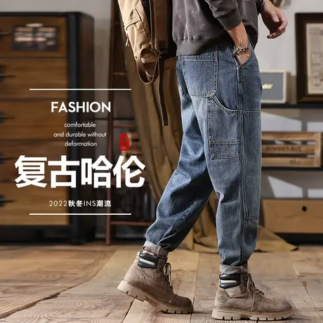 春季高端潮牌拼接多口袋工装牛仔裤男士2024新款休闲男裤子春秋款商品大图