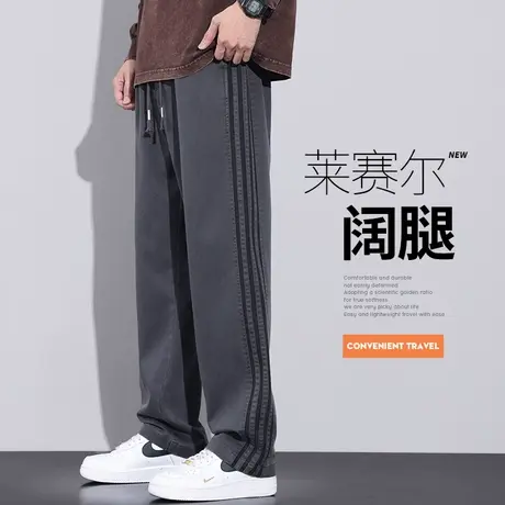 春季2024年新款条纹潮牌宽松阔腿休闲裤子春秋款男士美式高街工装商品大图