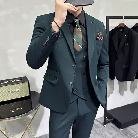 意式戗驳领全麻衬苍绿色西服男秋季外套潮流痞帅新郎结婚礼服套装商品大图