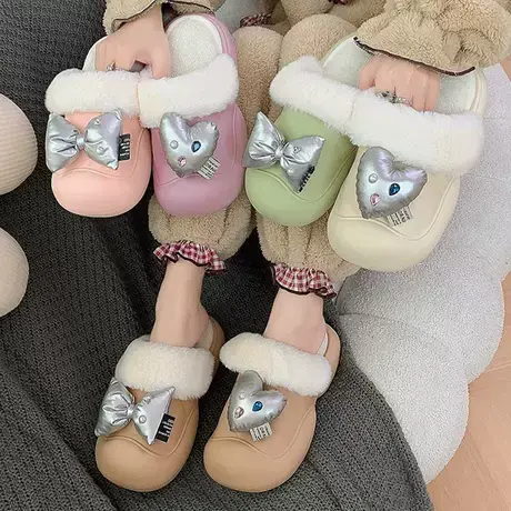 蝴蝶结包头棉拖鞋女外穿2023秋冬新款加绒保暖厚底踩屎感毛毛拖鞋商品大图