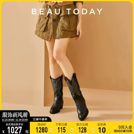 BeauToday英伦风骑士靴女2023新款秋季西部牛仔靴复古粗跟长筒靴图片