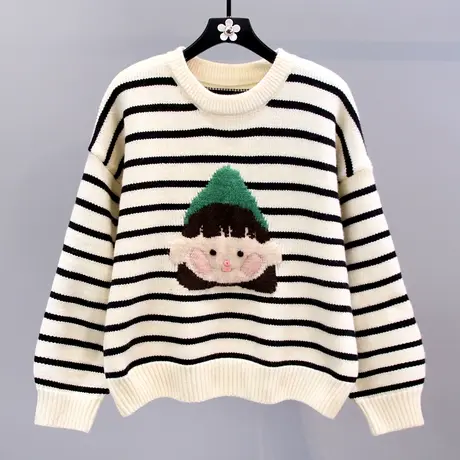 日系卡通条纹毛衣女冬季2023新款宽松学院风小个子百搭针织打底衫商品大图