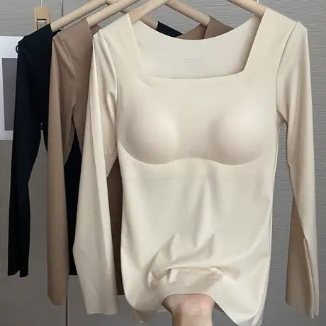 享永子秋冬保暖无痕肌肤衣保暖内衣带胸垫长袖修身显瘦方领打底衫商品大图