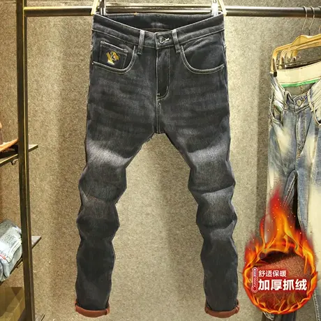 高端水洗冬季牛仔裤男款加绒加厚显瘦长裤潮牌刺绣修身小脚裤男士商品大图