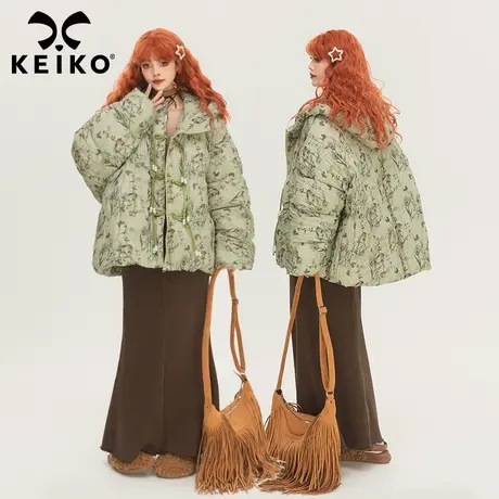 KEIKO 新中式碎花棉服外套女加厚冬季设计感绳结盘扣饰花棉袄子商品大图