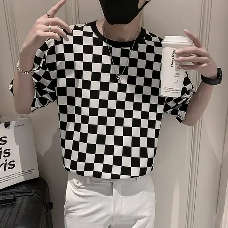 夏季男士t恤打底衫短袖修身个性半袖潮流圆领体恤棋盘格格子体恤图片