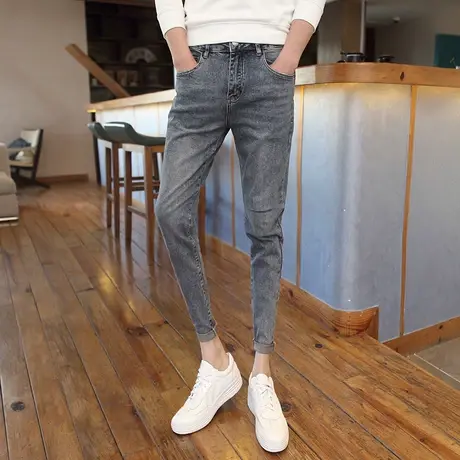潮牌牛仔裤男痞帅束脚裤潮流百搭男裤春秋季裤子休闲九分裤小脚裤商品大图