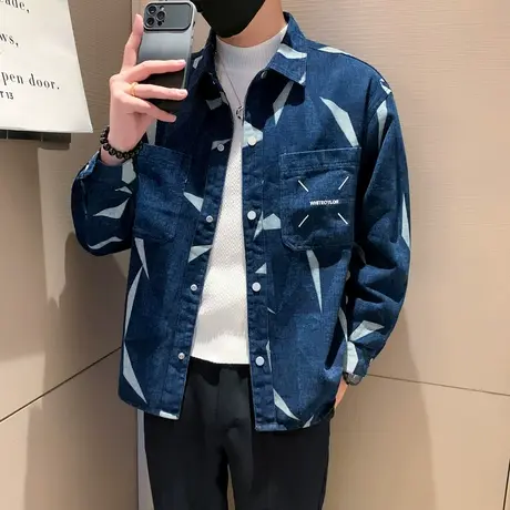 重磅美式工装牛仔外套男痞帅高级感2023春秋季新款迷彩牛仔衣夹克商品大图
