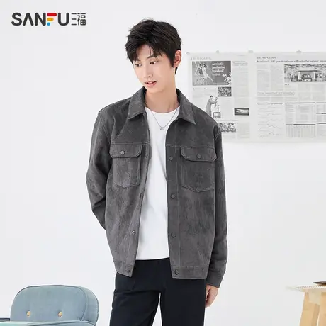 直播秒杀三福2023秋季新款夹克男时尚明线设计麂皮复古休闲翻领修商品大图